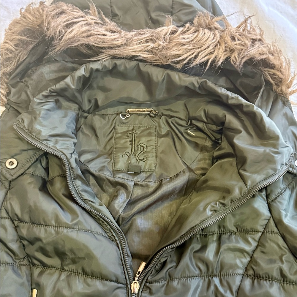 J2 Army Green Puffer Jacket XS Faux Fur Hood Bomber Style Winter Coat Y2K 90s - Picture 7 of 14